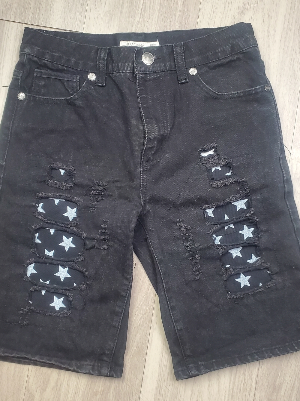 Boys Size 18 Black Distressed Denim Shorts Star Patch Youth Streetwear